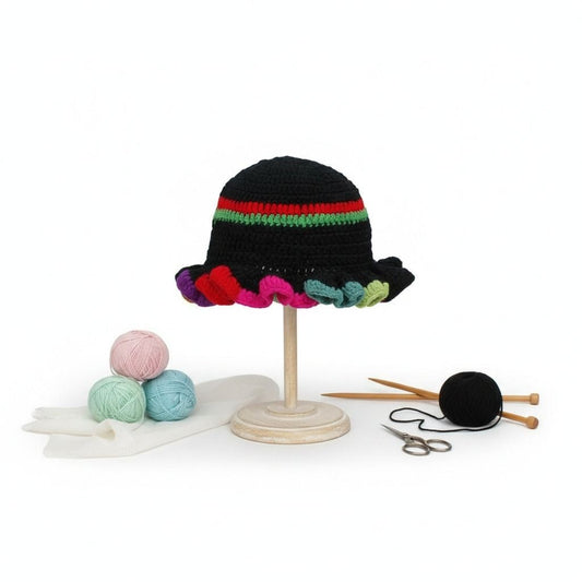 Black Crochet Multicolor Ruffle Bucket Hat Women