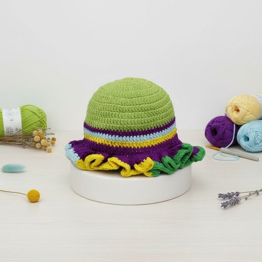 Mardi Gras Crochet Multicolor Ruffle Bucket Hat Women