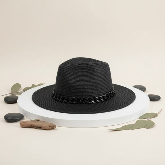 Black Chain Band Fedora Panama Hat